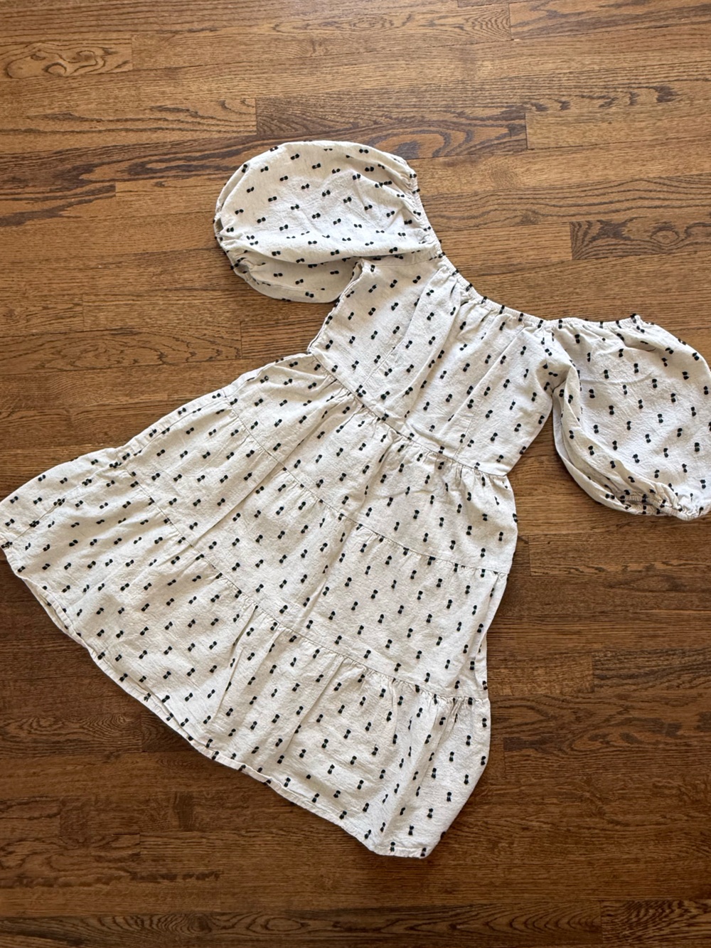 Off-Shoulder Ivory Midi Dress with Black Dot Motif